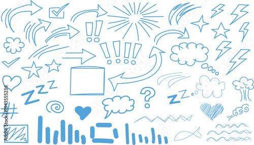 Blue hand drawn doodle and symbols arrow check mark