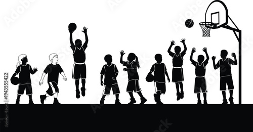 Kids playing basketball silhouette set with children jumping, dribbling and shooting ball toward hoop, youth sports activity concept isolated on white background