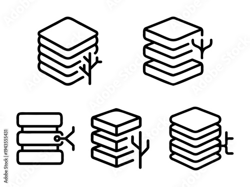 Set of thin line icons featuring database stacks with tree branch growth for organic data and green tech branding