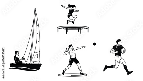 Diverse Sports Outdoor Activities Sailing Trampoline Jumping Shot Put Rugby Player Running Vector Illustration Set