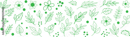 Green line leaves and flowers scattered pattern botanical