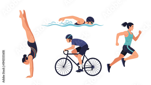 Diverse Athletes in Action Gymnastics Swimming Cycling and Running Representing Healthy Lifestyle and Sports Activities