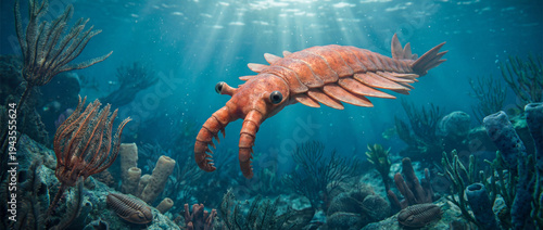 Prehistoric Anomalocaris Swimming in an Ancient Ocean Environment