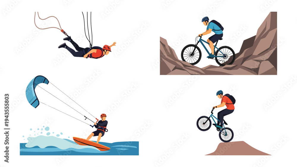 Fototapeta premium Extreme Sports Collage Bungee Jumping Mountain Biking Kite Surfing and BMX Tricks for Adventure and Adrenaline Lifestyles
