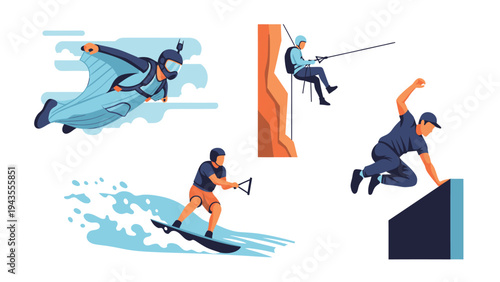 Extreme Sports Collage Wingsuit Flying Rock Climbing Wakeboarding Parkour Dynamic Outdoor Adventure Vector Illustrations