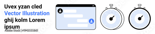 Time management, digital communication, productivity tools, online interaction, task scheduling, chat design. A chat interface next to two stopwatch graphics. Communication and time management