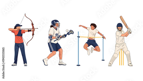 Diverse Athletes Competing in Different Sports Archery Lacrosse High Jump and Cricket Illustration