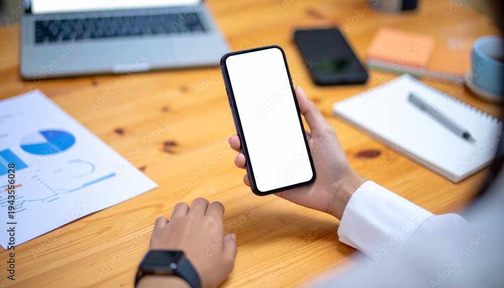Fototapeta premium Person holding a blank screen smartphone over a wooden desk workspace