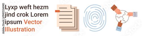 Collaboration, identity verification, teamwork, digital security, document management, data protection. Puzzle hands, document icon fingerprint illustration. Collaboration and identity verification