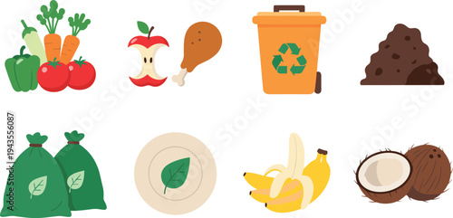 Organic waste recycling and composting concept icon set featuring food scraps, vegetables, fruit peels, compost soil, recycling bin, biodegradable bags, and sustainable eco friendly waste management.