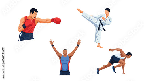Diverse Group of Athletes Performing Various Martial Arts and Fitness Exercises Highlighting Strength Discipline and Victory