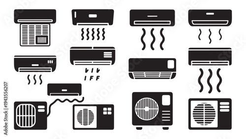 Air conditioning unit varieties and ventilation system icons for residential or office cooling
