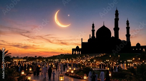 Foto Radiant crescent moon illuminates a sprawling islamic mosque silhouette at dusk