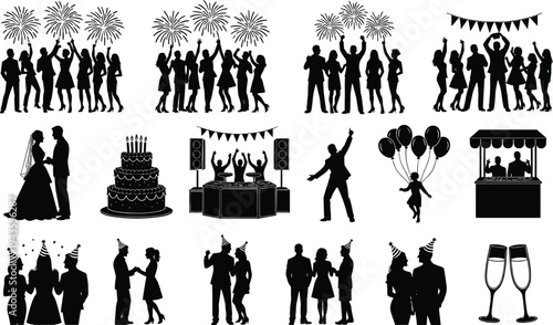 Party celebration silhouettes collection with dancing people fireworks wedding couple birthday cake DJ balloons champagne glasses and festive crowd icons isolated on white backgroundb