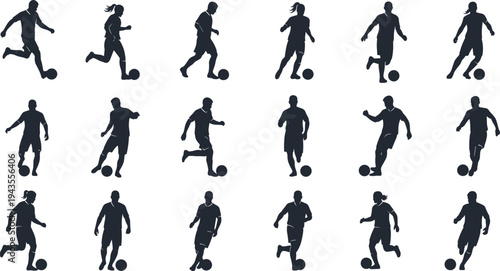 Soccer player silhouette action set vector illustration, football dribbling running poses collection, athletic sports people icons for training design