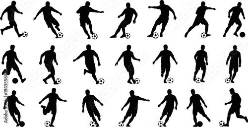 Soccer player silhouette action set with multiple dribbling and kicking poses, dynamic football sport vector illustration isolated on white background