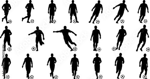 Soccer player silhouettes set, football dribbling poses collection, black vector illustration of athletes in motion isolated on white background for sports design use