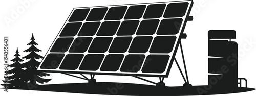 Solar panel energy system vector illustration with water tank and trees, eco-friendly renewable power concept for sustainability, environment, and green technology design