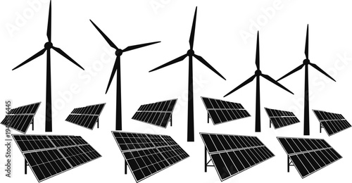 Solar Panels and Wind Turbines Black Silhouette Vector Set, Renewable Hybrid Energy Solution, Green Electric Power Generation and Sustainable Technology Graphics