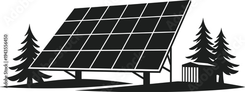 Solar panel installation in countryside landscape with pine trees and small shed renewable green energy concept vector illustration for eco power design