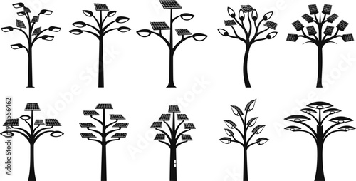 Solar Street Lamp and LED Light Tree Black Silhouette Vector Set, Sustainable Technology and Renewable Energy Icons, Futuristic Urban Lighting Fixtures, Ecological Smart City Design Elements.