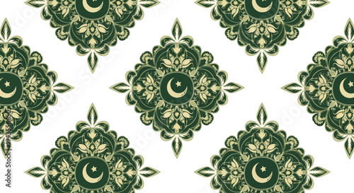 A pattern of green and lighttan ornate designs each featuring a crescent moon and star inside a circular emblem on a white background