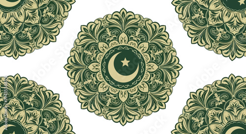 A central mandala with a crescent moon and star surrounded by green and beige floral patterns Other mandala fragments are at each corner