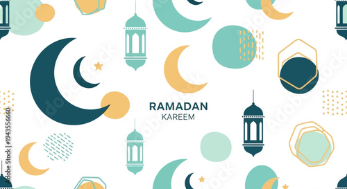 A Ramadan themed illustration with crescent moons lanterns stars and abstract shapes