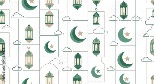 A repeating pattern featuring crescent moons with stars lanterns clouds and a mosque illustration
