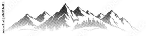 Mountain landscape with forest, halftone dots, fading dot effect, vector design