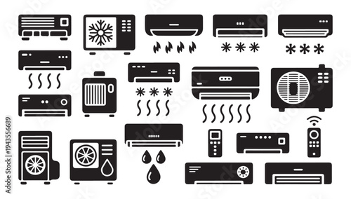 Air conditioner icons set featuring various hvac units and climate control systems symbols
