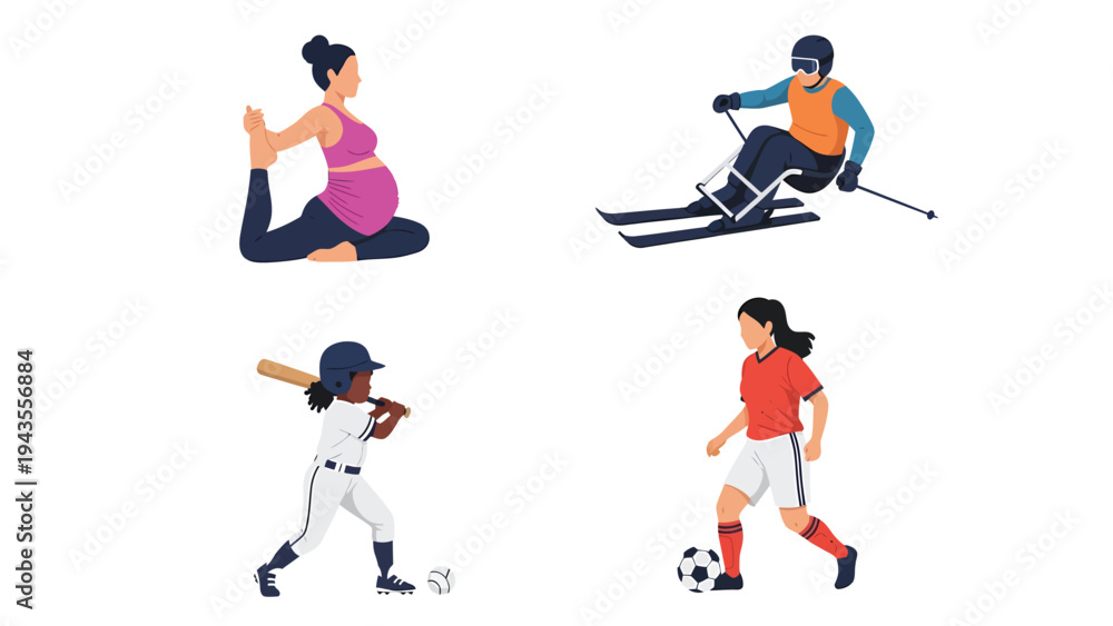 Fototapeta premium Diverse Women Active in Sports and Fitness Pregnancy Yoga Skiing Baseball and Soccer Illustrations