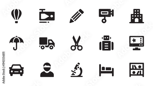 Daily life activity icons featuring transport education technology and healthcare illustrations