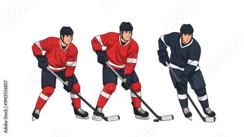 Three Hockey Players in Action Posed on White Background Diverse Team Uniforms