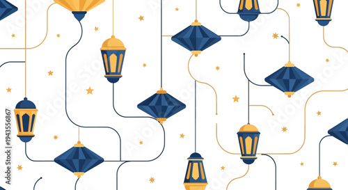 Graphic depicts patterned hanging blue  gold lamps with star shapes