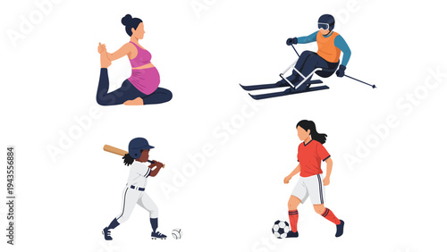 Diverse Women Active in Sports and Fitness Pregnancy Yoga Skiing Baseball and Soccer Illustrations