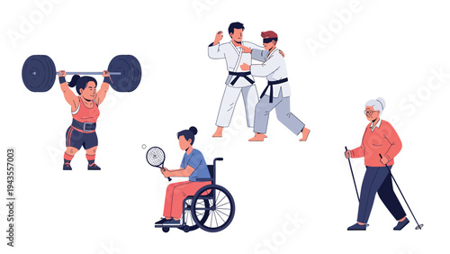 Diverse group of people engaging in various sports and fitness activities showcasing inclusivity and healthy lifestyles in a modern flat vector illustration