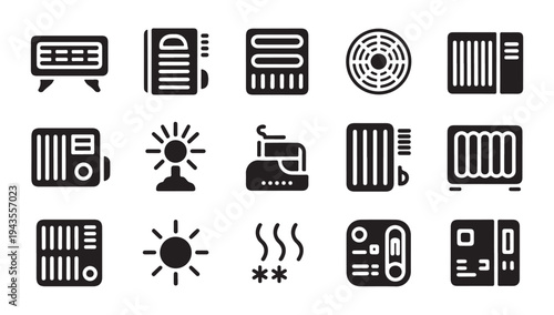 Set of heating and cooling icons with radiator, heater, fan, sun, snow, thermostat