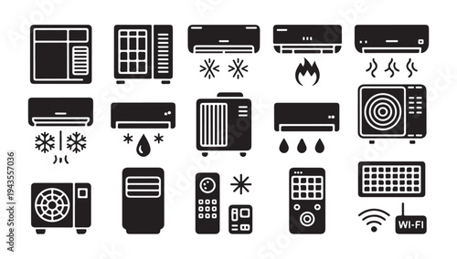 Climate control equipment icons including wall mounted units and temperature sensors symbols