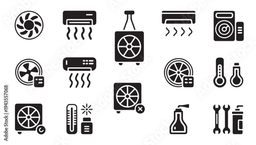 Collection of climate control system icons and cooling devices silhouette