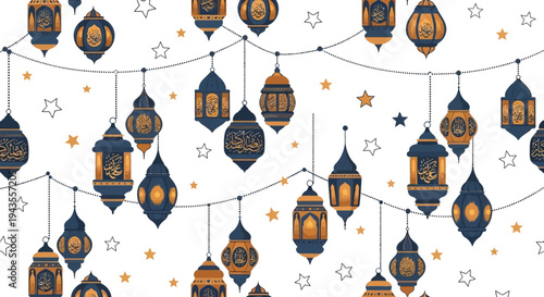 White background with hanging lanterns in navy and gold colors decorated with stars