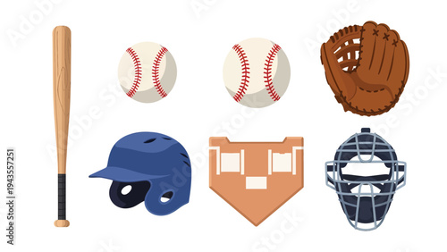Baseball Equipment Collection Bat Balls Glove Helmet Home Plate Catcher s Mask Vector Illustration on White Background