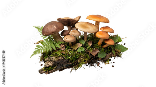 Cluster of diverse wild mushrooms growing on a mossy log with ferns on Isolated transparent