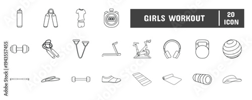 20 Girls Workout Line Icon Illustration Set
