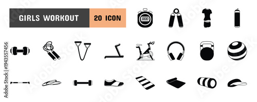 20 Girls Workout Glyph Icon Illustration Set