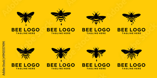Collection of realistic bee silhouettes in various wing positions. Minimal black insect icons isolated on white, suitable for logos and packaging.