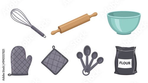 Kitchen Baking Utensils Collection Whisk Rolling Pin Bowl Mitt Potholder Measuring Spoons Flour Bag Isolated Vector Illustration