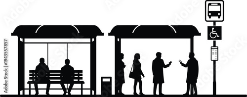 Black bus stop shelter with people silhouettes waiting passengers isolated on white background, public transport scene, cad drawing vector illustration