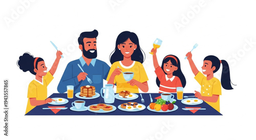 Parents and children sitting at a dining table sharing a healthy morning meal in a cheerful setting.