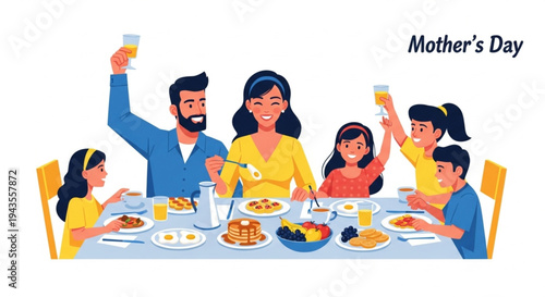 Happy family enjoying a delicious breakfast together with pancakes and juice to celebrate Mother Day.
